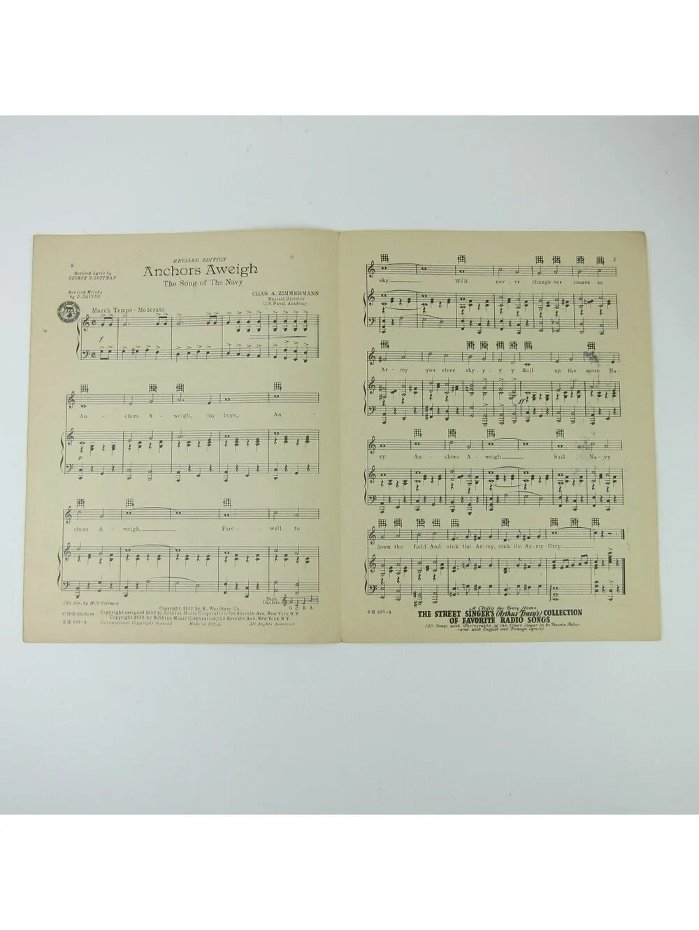 Sheet Music Anchors Aweigh Song Of The Navy Charles A Zimmermann Vintage 1930